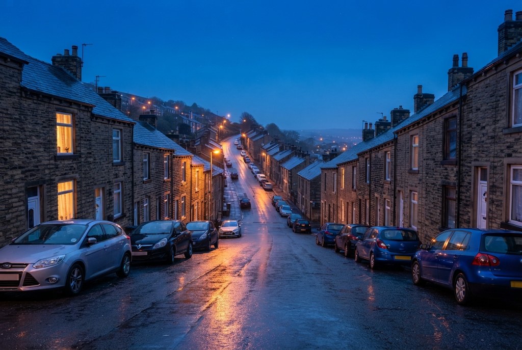A street of red-brick terraced houses in Oldham